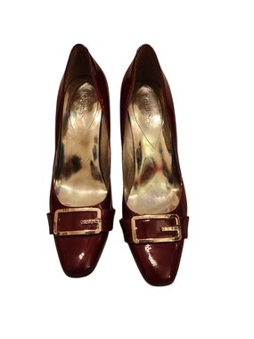 GUESS Women's Burgundy Patent Leather Buckle Pumps